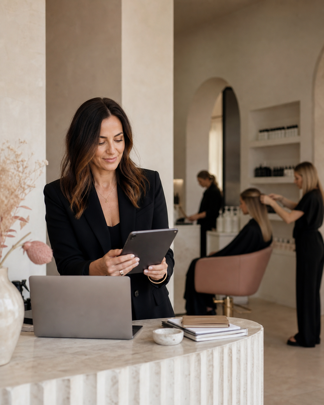 Independent salon owner reviewing bookings in her studio